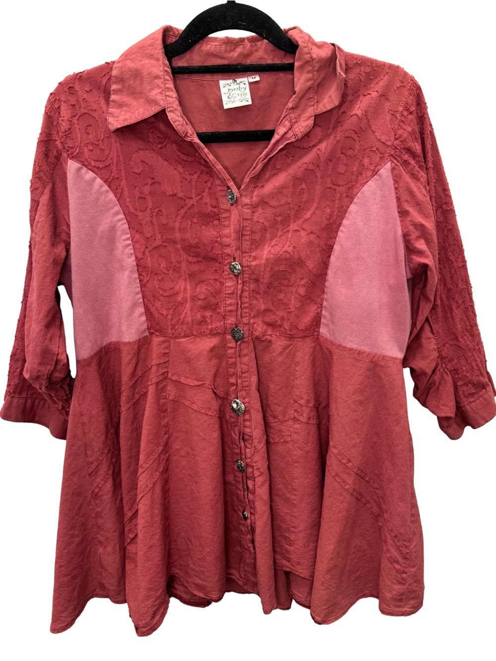 Parsley & Sage Rust Tunic Patchwork Button-Down 100% Cotton Women’s Top MEDIUM